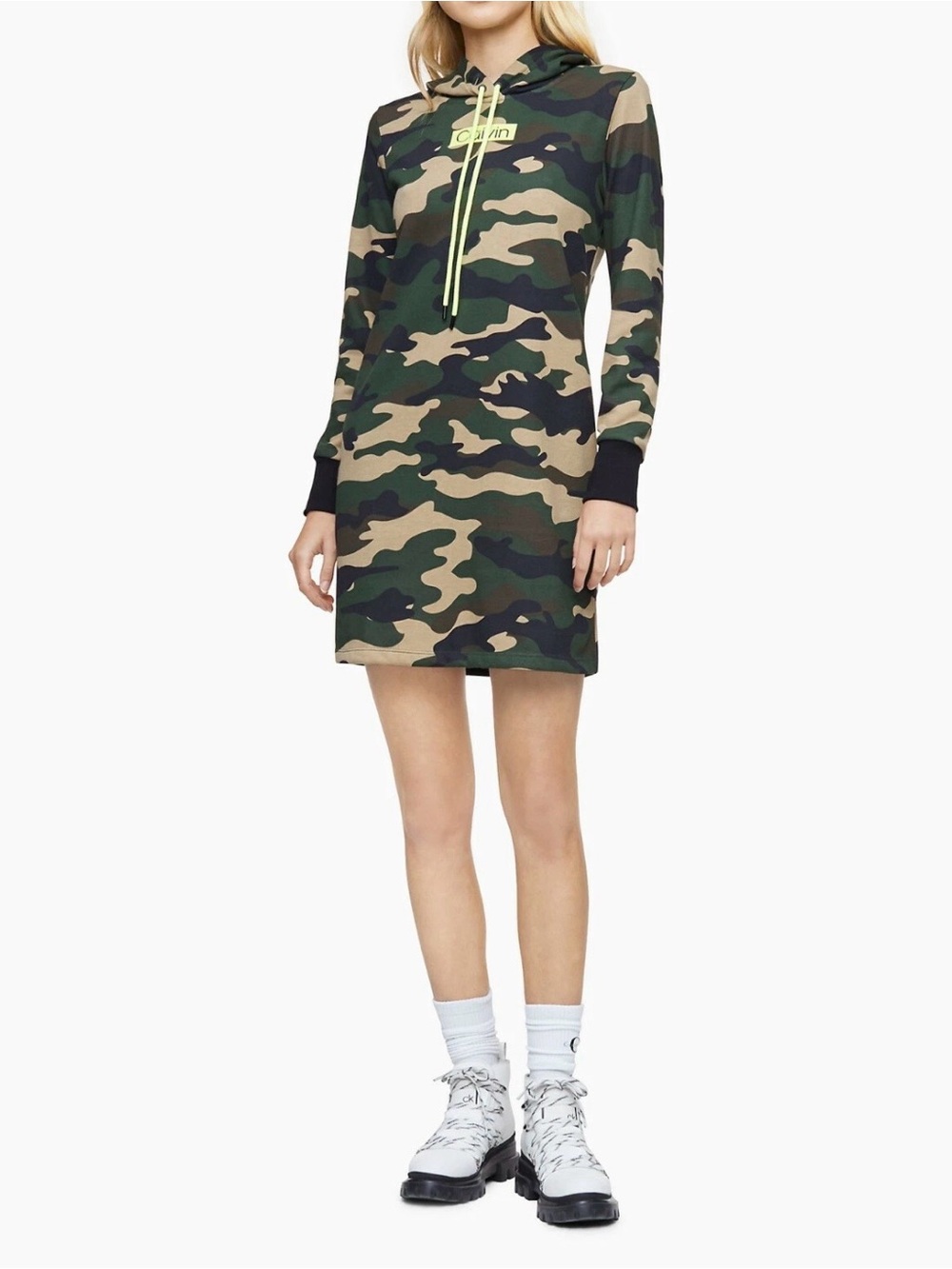 NWT Calvin Klein Camouflage Hooded Sweatshirt Dress - Green Camo size M